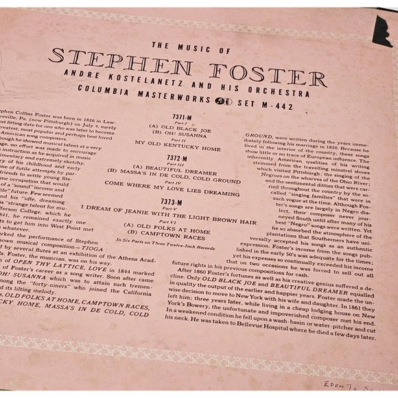 The Music Of Stephen Foster Columbia Masterworks Set M-442 Andre Kostelanetz And - Picture 4 of 16
